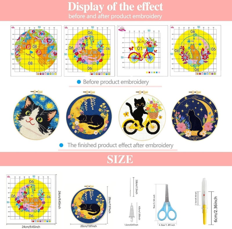 Zhenqing Cat Stamped Cross Stitch Kits for Adults Beginners, DIY Animals Cross Stitch Patterns Kits Printed Needlepoint Kits,Crafts Embroidery Kits for Home Decor-Cat-Themed 4-Piece Set(69207) - Image 2